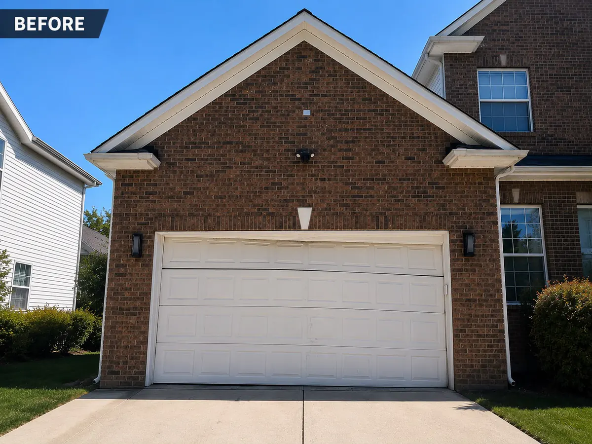 Garage door before replacement — worn and damaged