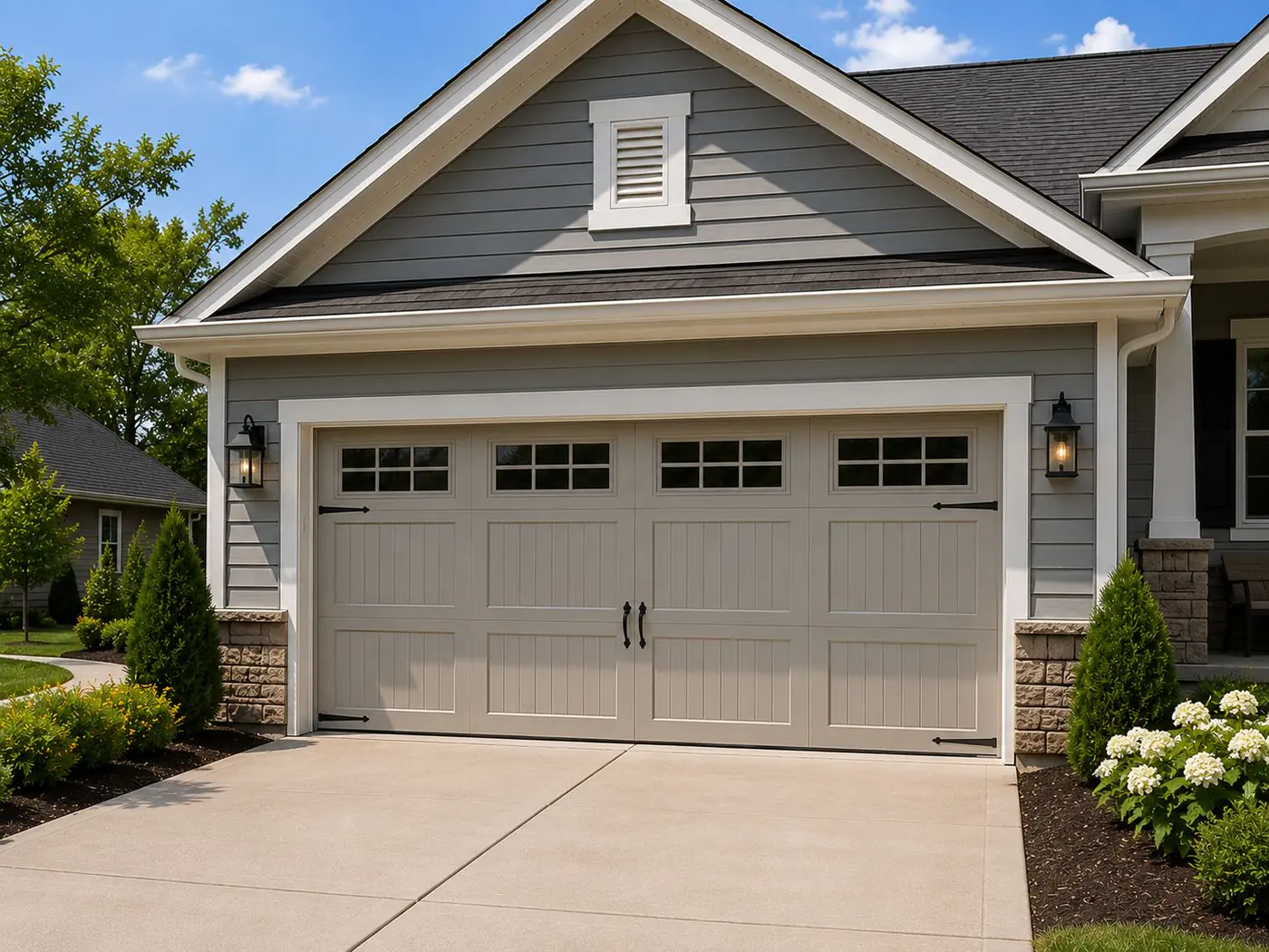 Beige carriage house garage door on a craftsman-style home