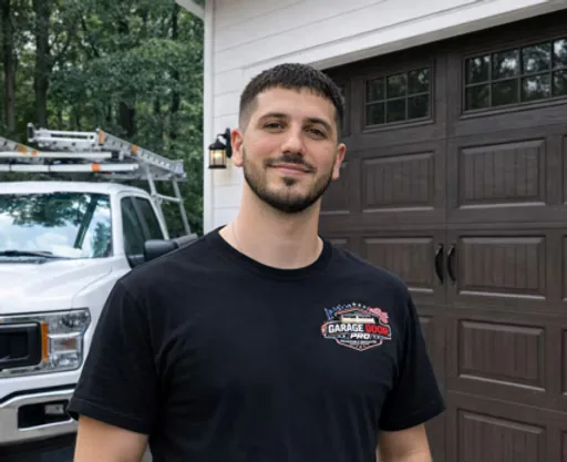 The owner of Garage Door Pro in front of a garage door and a service truck