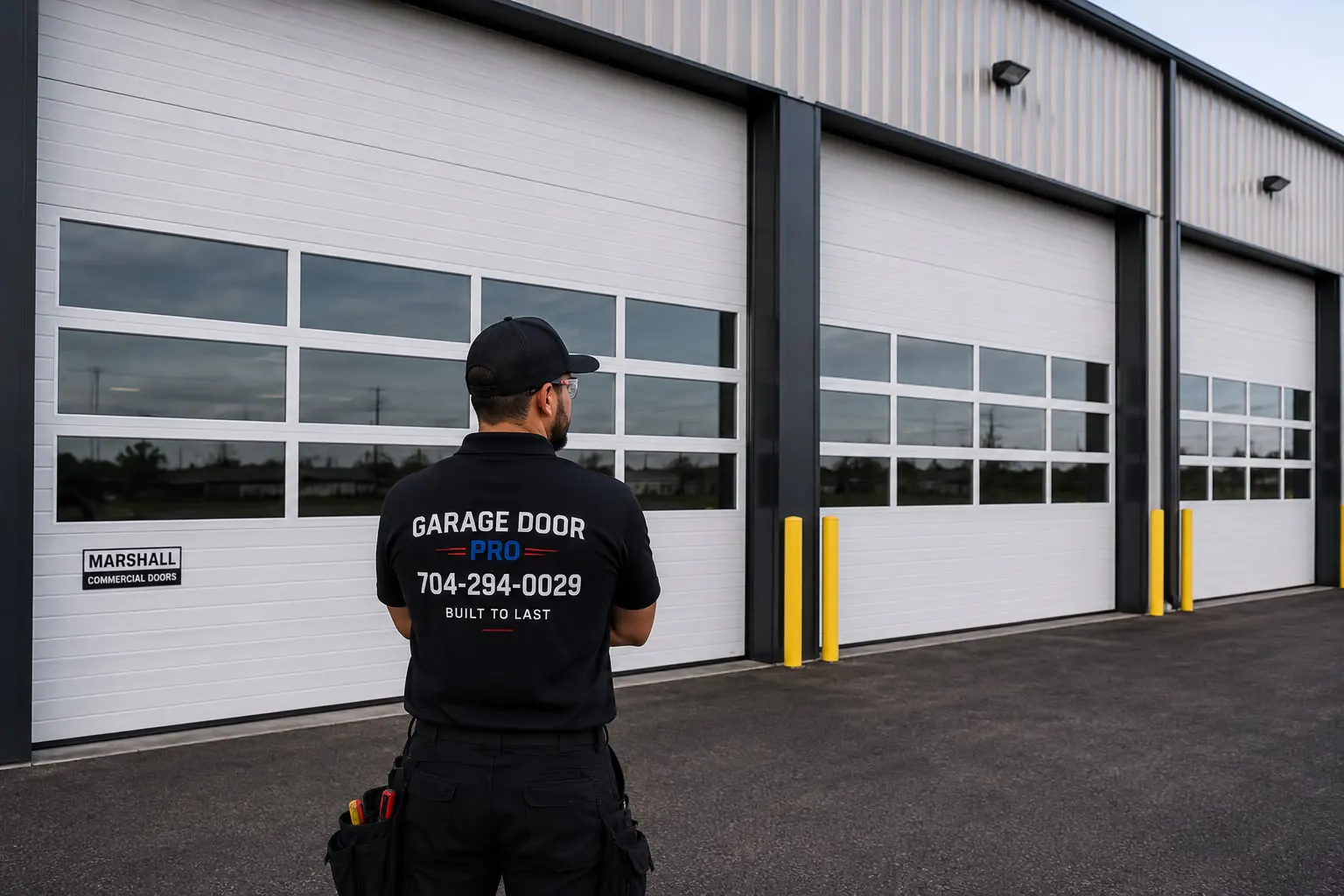 Technician servicing a commercial garage door
