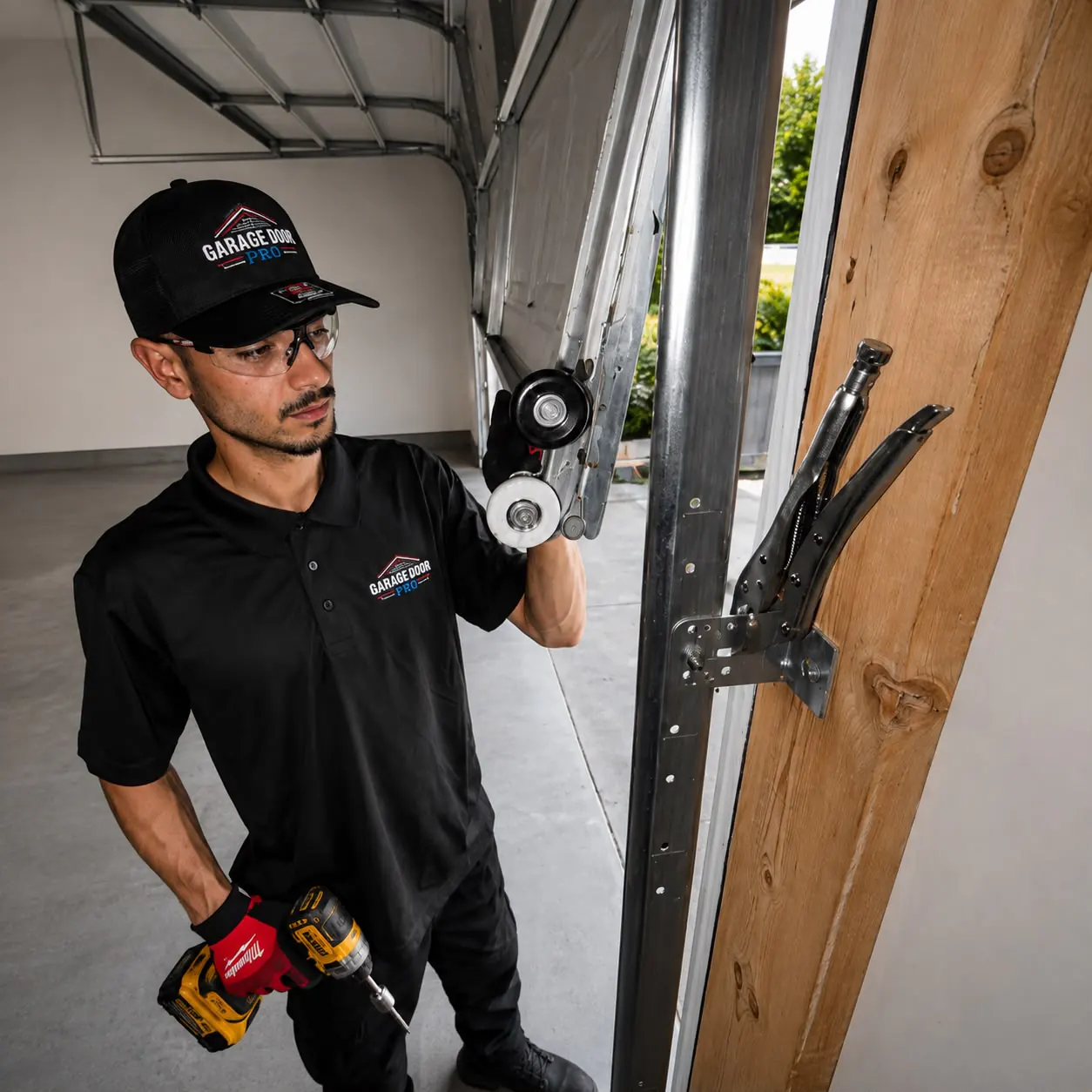 Technician repairing a garage door roller