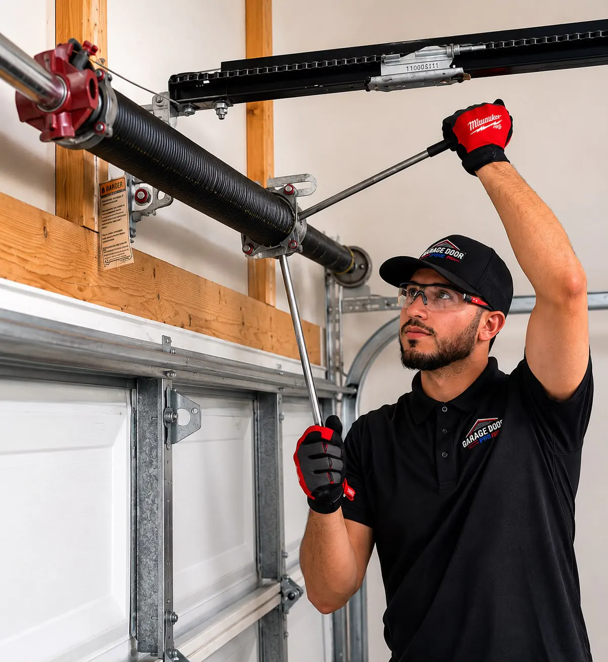 Technician replacing a garage door torsion spring
