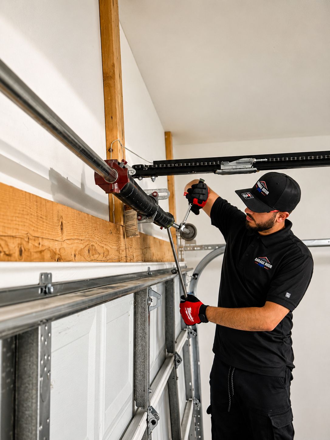 Garage Door Pro technician working on the torsion shaft, drums and cables above a garage door in Mint Hill NC