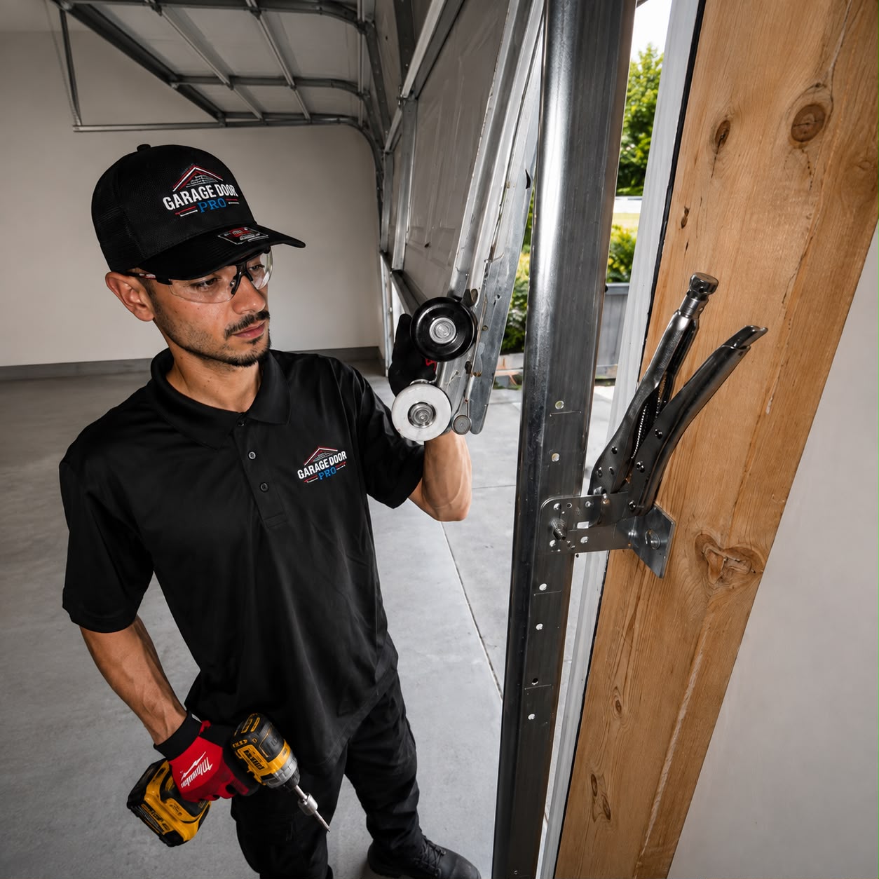 Garage Door Pro technician repairing garage door roller and track during residential service call - garage door repair Charlotte NC 704-294-0029